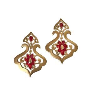 1990s Avon Matte Gold Plate & Red Enamel Moroccan Style Drop Pierced Earrings